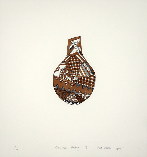 Gourd form decorated with geometric markings in browns and black on a blank background
