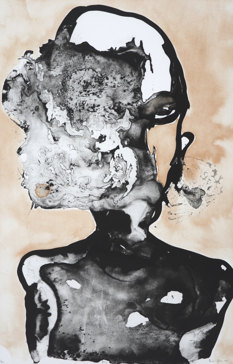 Limited edition lithograph by Banele Khoza of a person's head and torso looking forward with the right-hand side of face obscured by loose brushwork in ink.