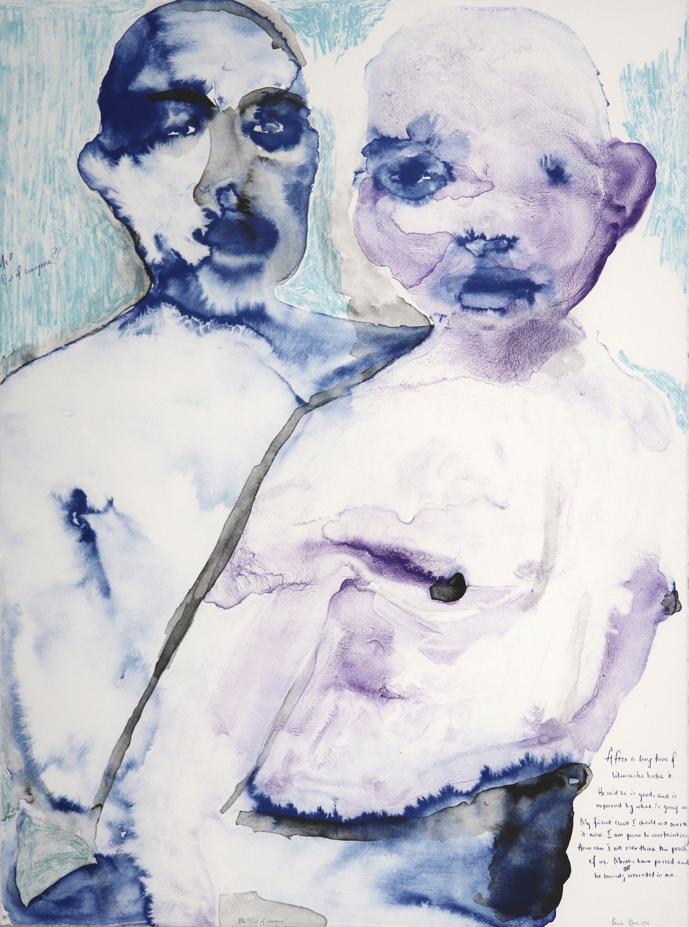 Two men standing alongside each other, loosely painted in blue and purple tones with handwritten text
