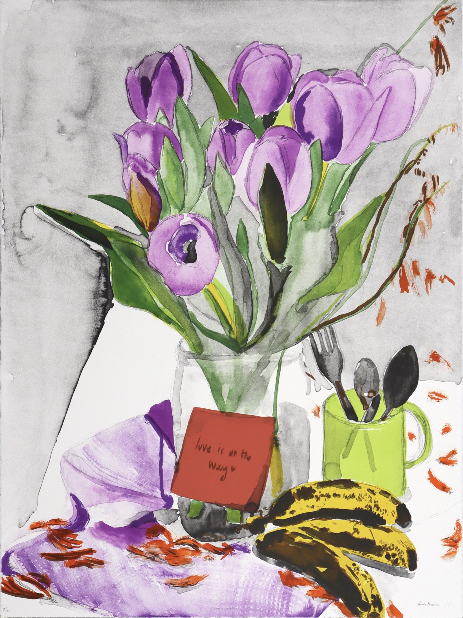 Banele Khoza colour still life with tulips lithograph