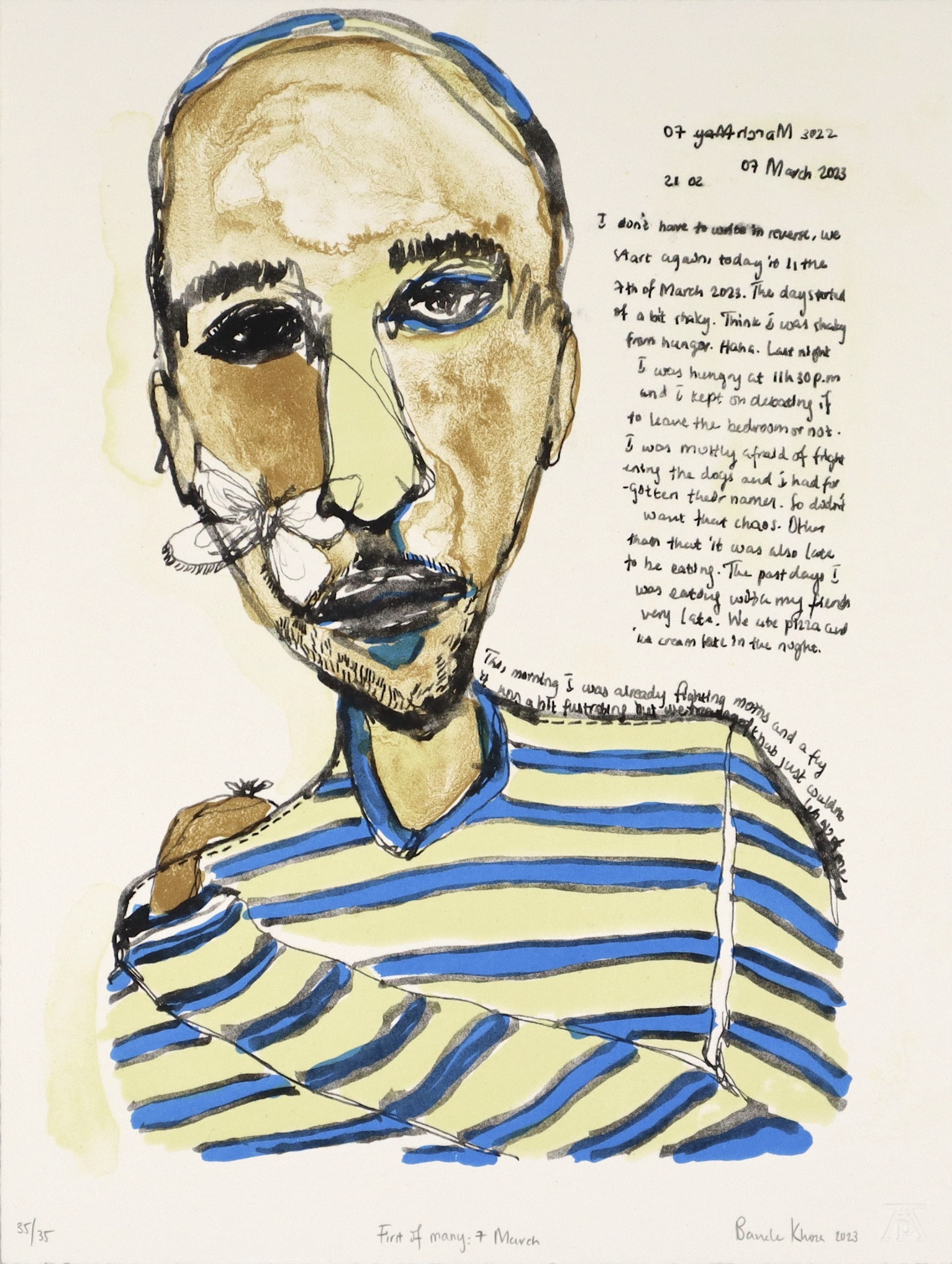 Banele Khoza lithograph of man wearing stripy blue shirt