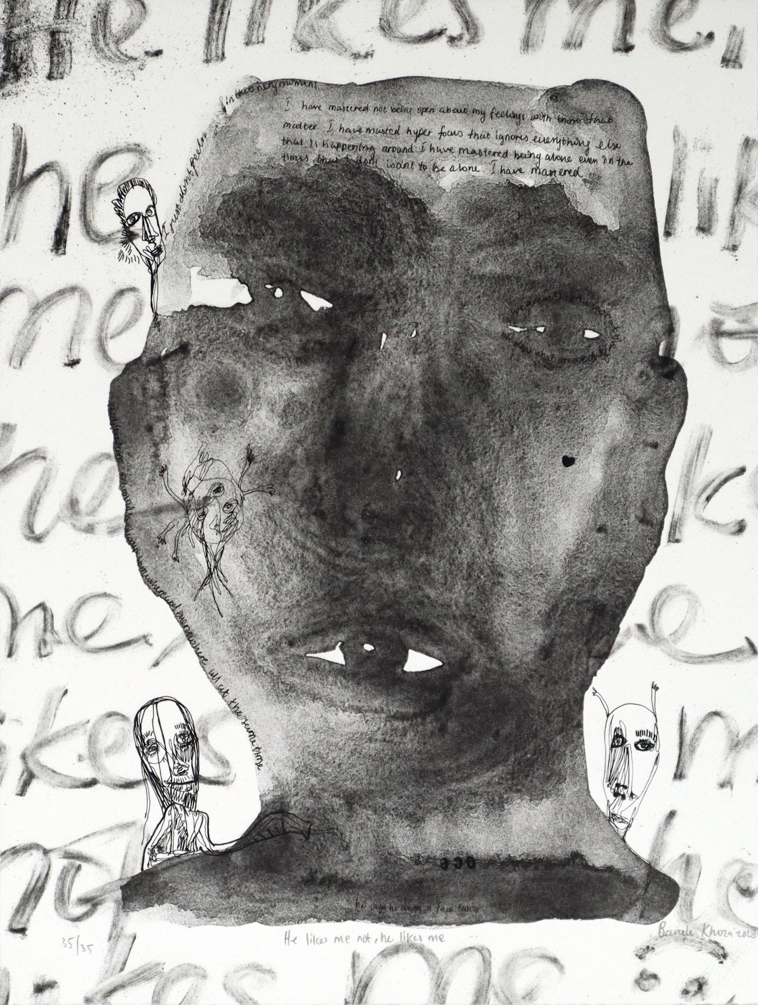 Banele Khoza black and white lithograph of man's head with text