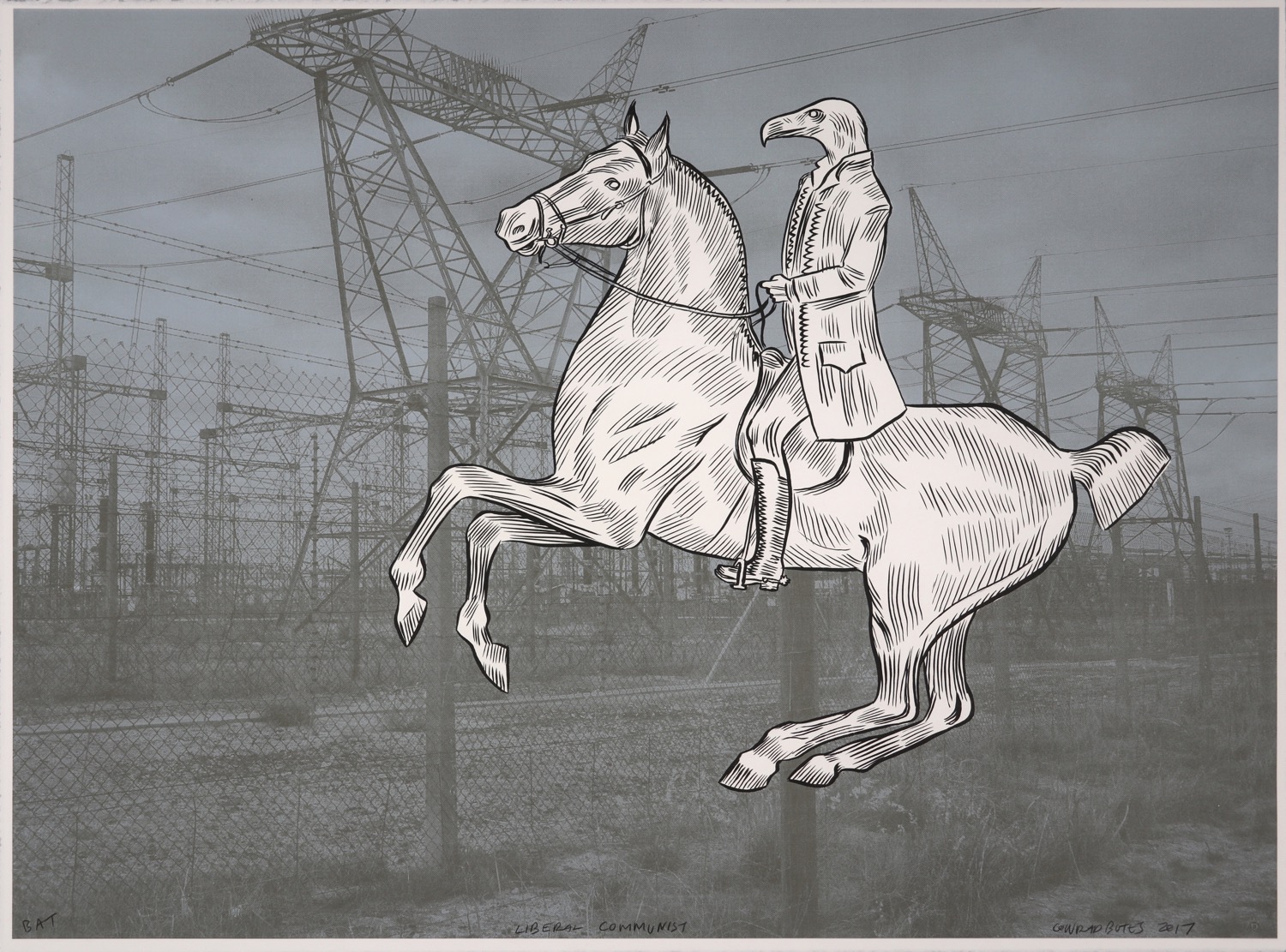 Vulture headed man on horseback with electrical power transmission station in the background