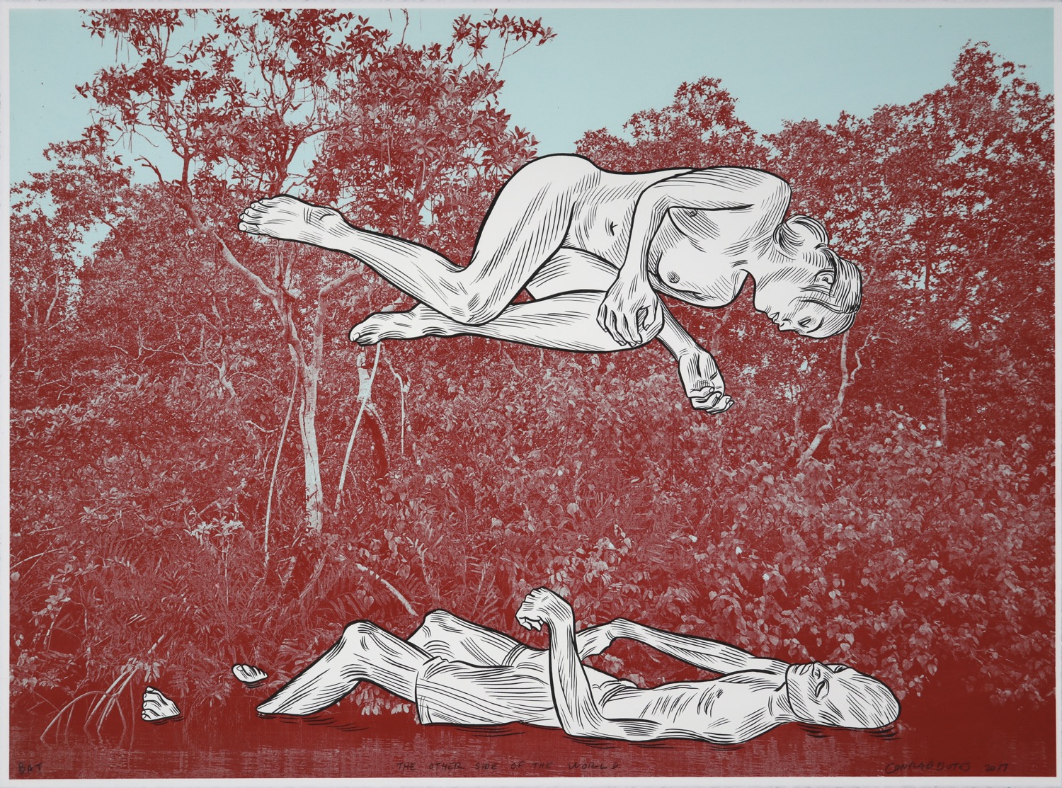 Man floating in water with woman suspended in the air above him with river forest background