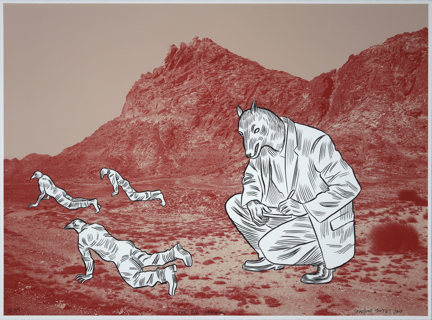 A note taking canine-headed man kneeling whilst three bird-headed men crawl across a desert landscape.