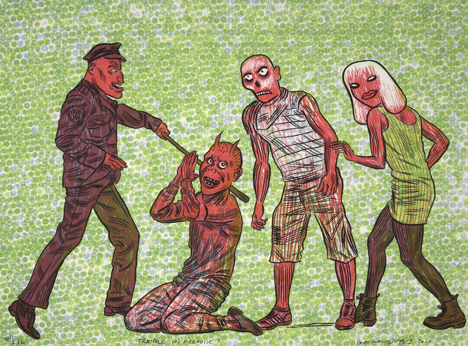 Four zombie comic style human figures on a green dotted background.