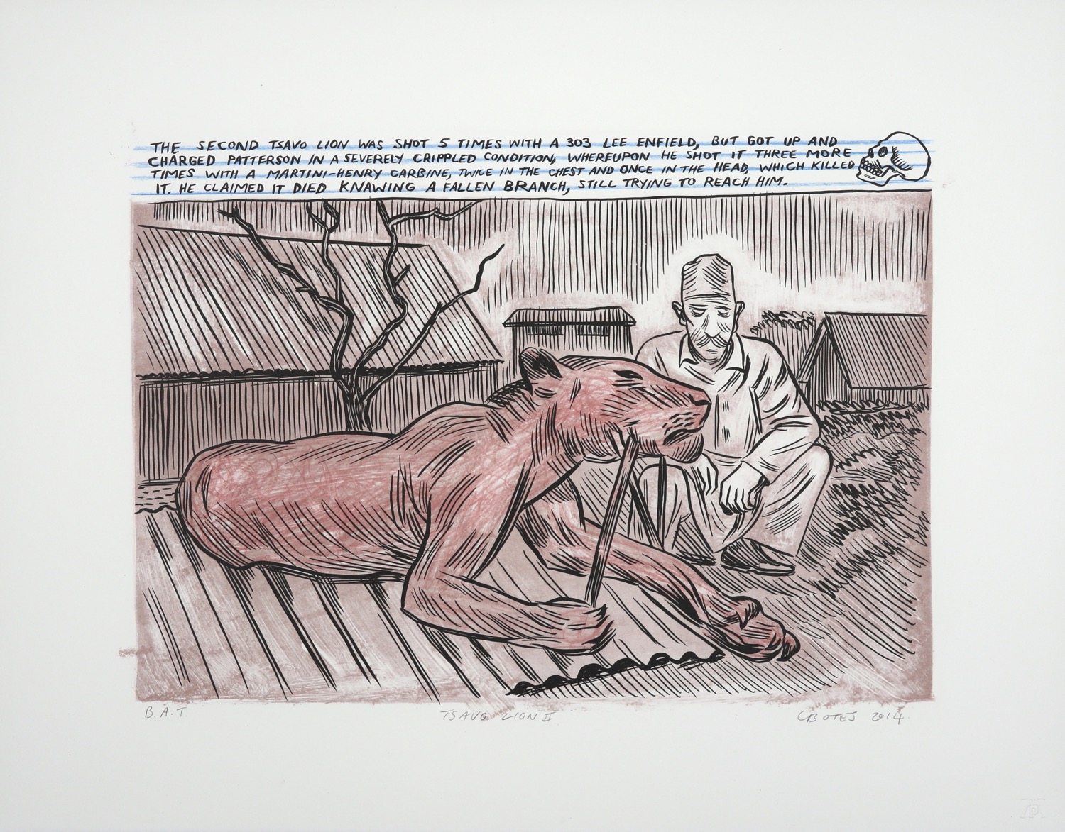 Dead lion with head propped and a man squatting on his haunches, drawn in comic style.