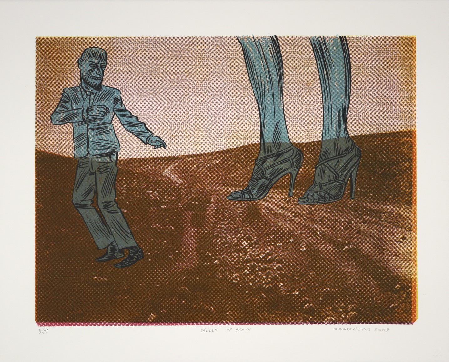 Man dancing next to huge high-heeled feet against Crimean Valley of Death photograph.