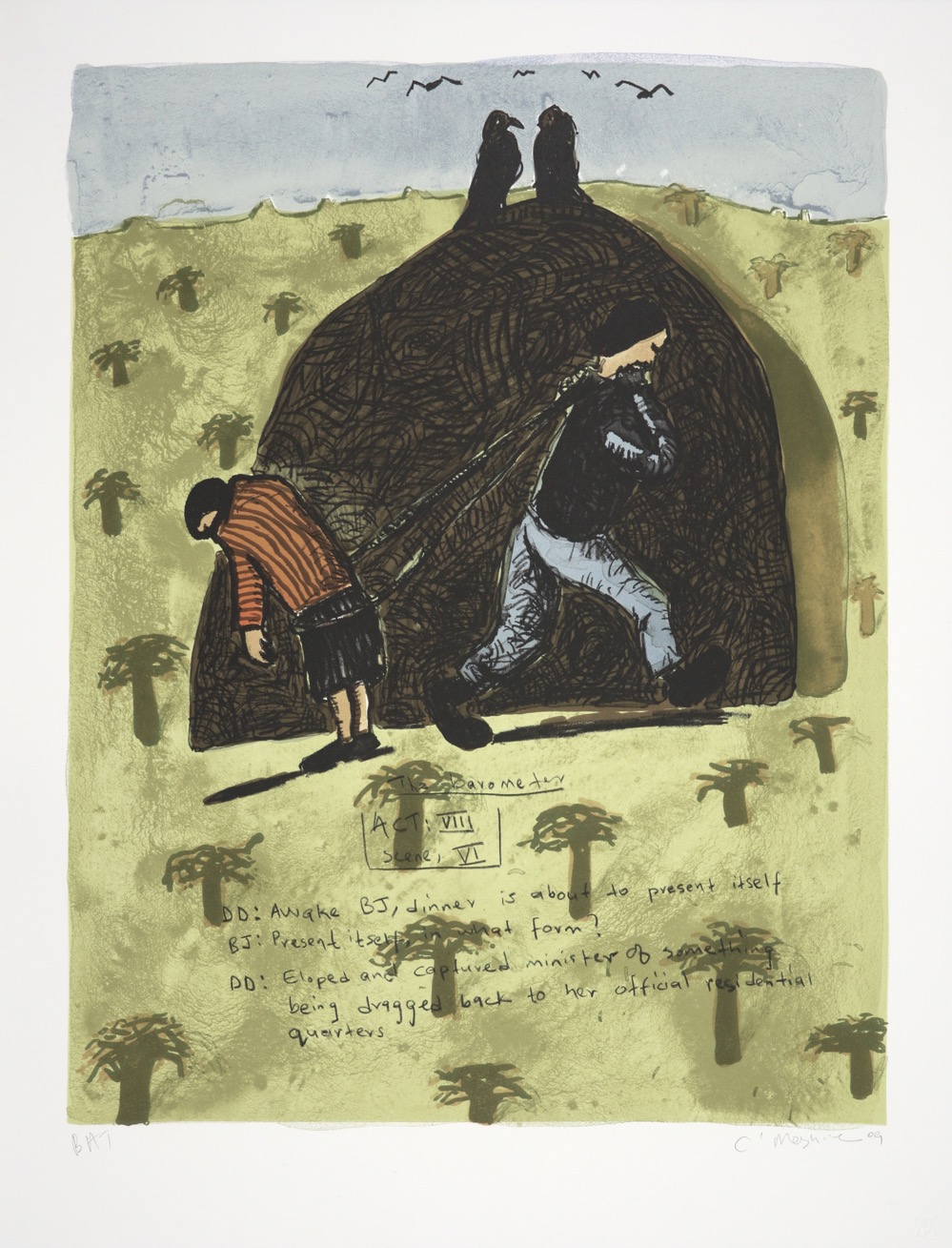 Two human figures roped together and facing opposite directions set in a landscape with two vultures.
