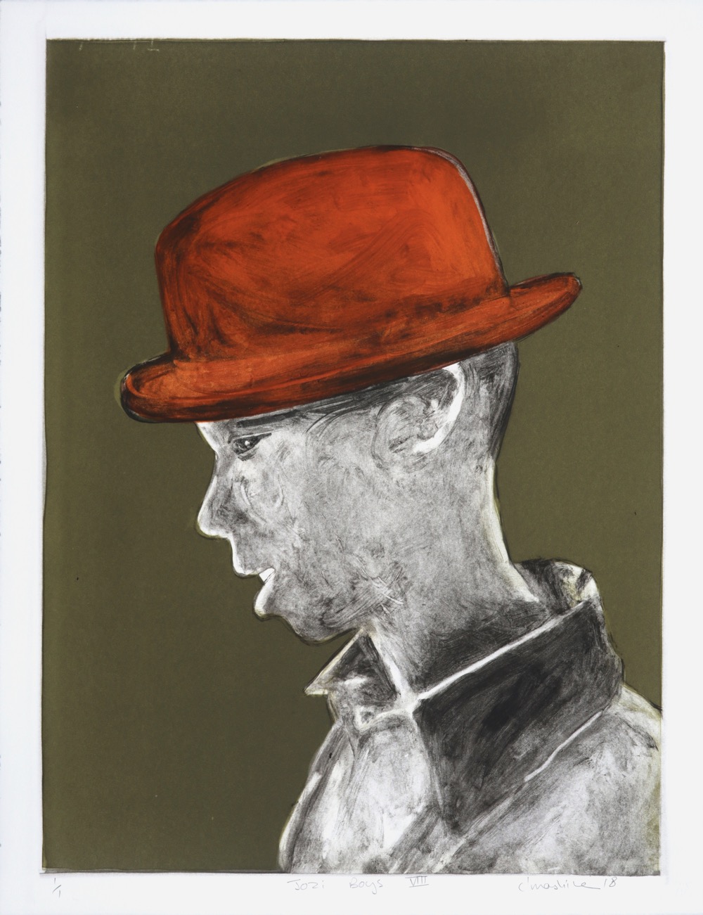 Profile of a young man in a trilby hat wearing a collared shirt.