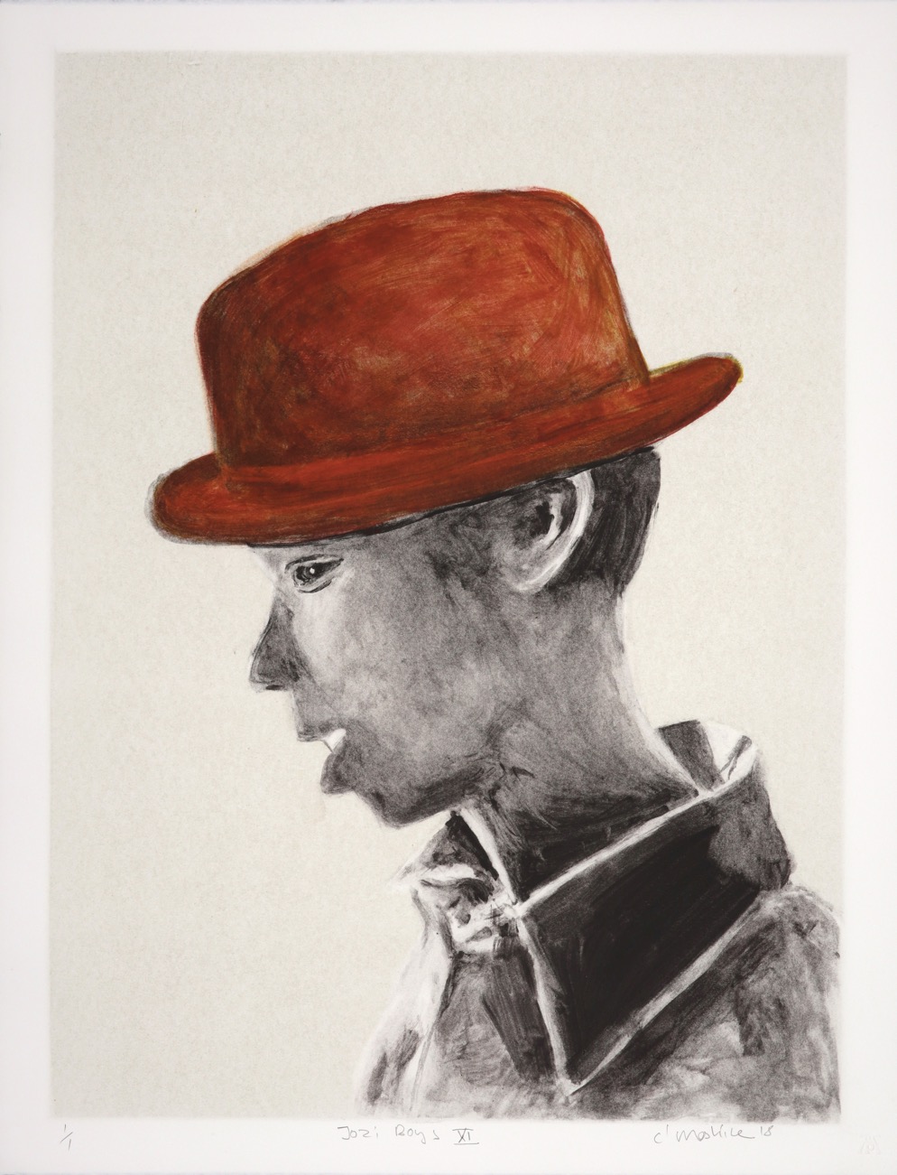 Monochrome profile of a young man with a reddish-brown hat on.
