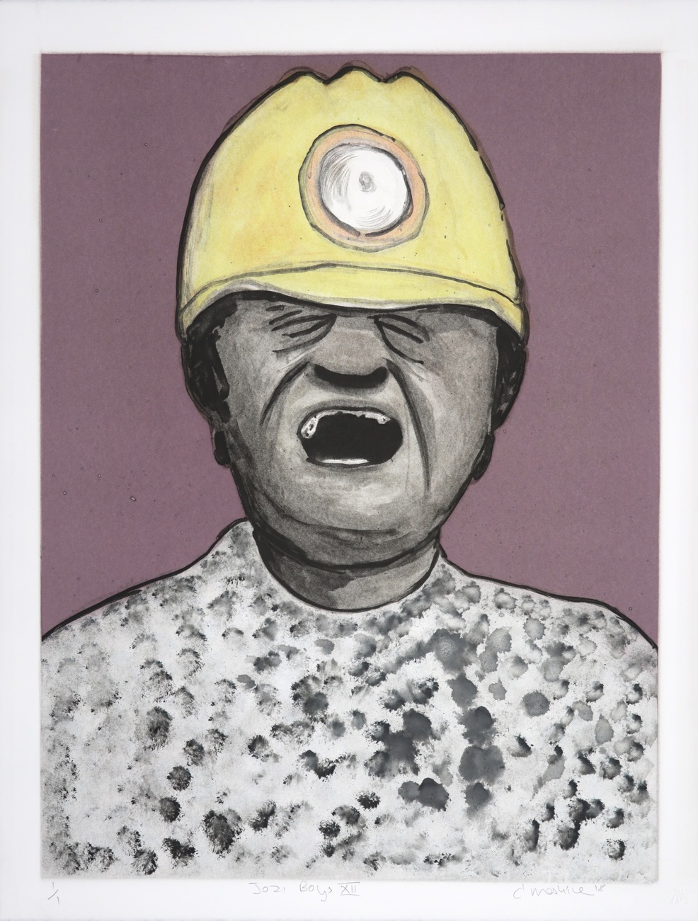Head and shoulders portrait of a shouting man wearing a mining helmet.