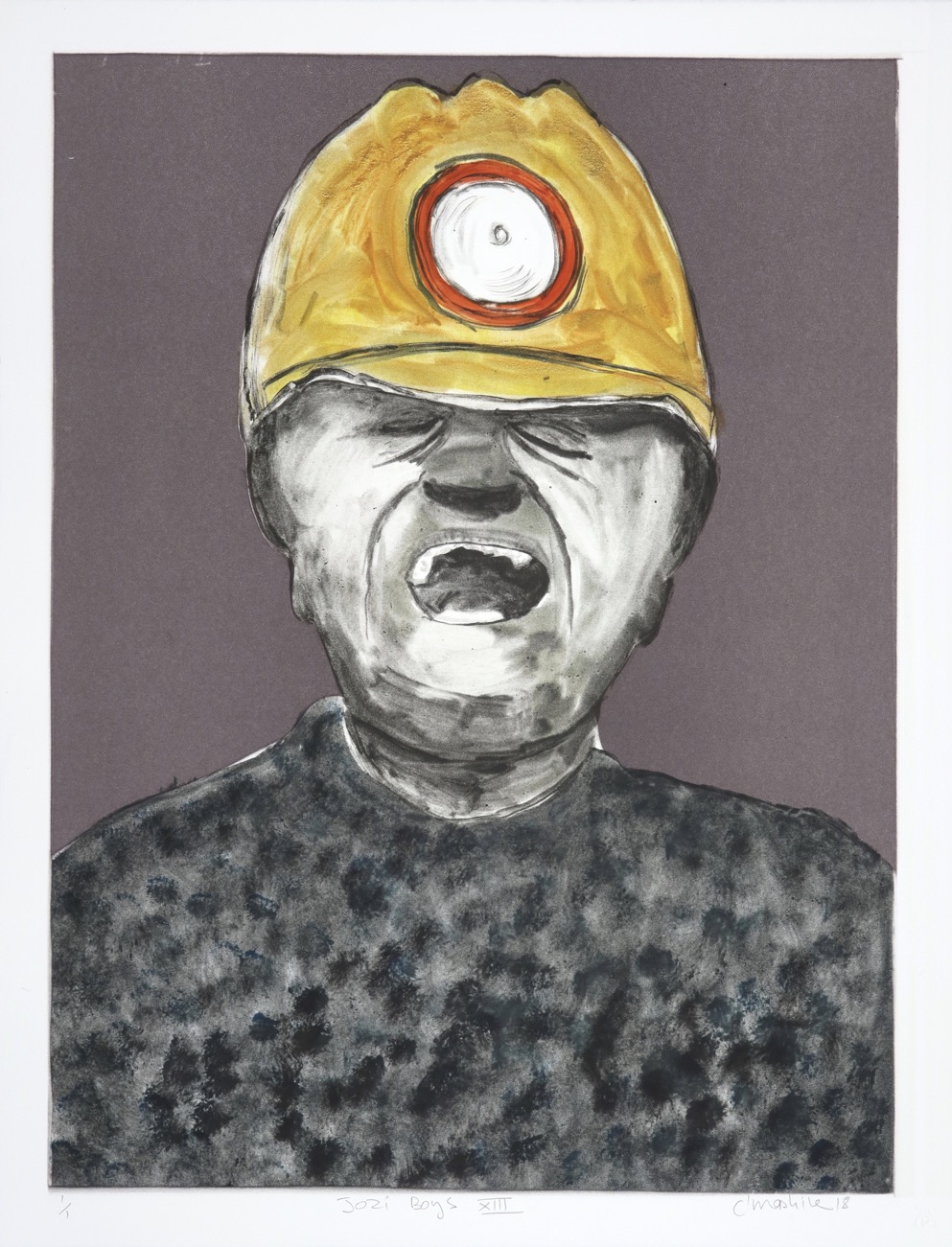 Portrait of a miner with his eyes closed and mouth open