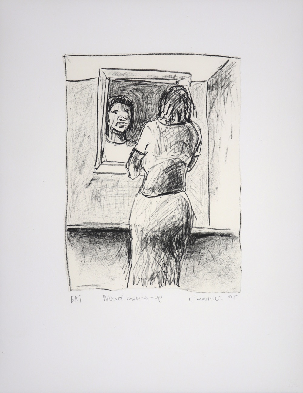 Woman seen from the back looking at her face in a mirror