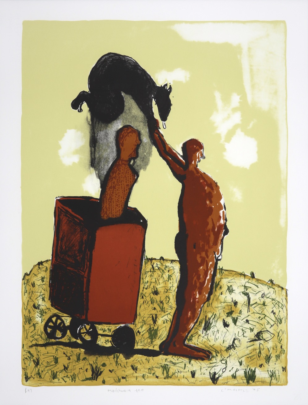Figure in trolley behind a man with hands outstretched reaching towards mythical figure above them.
