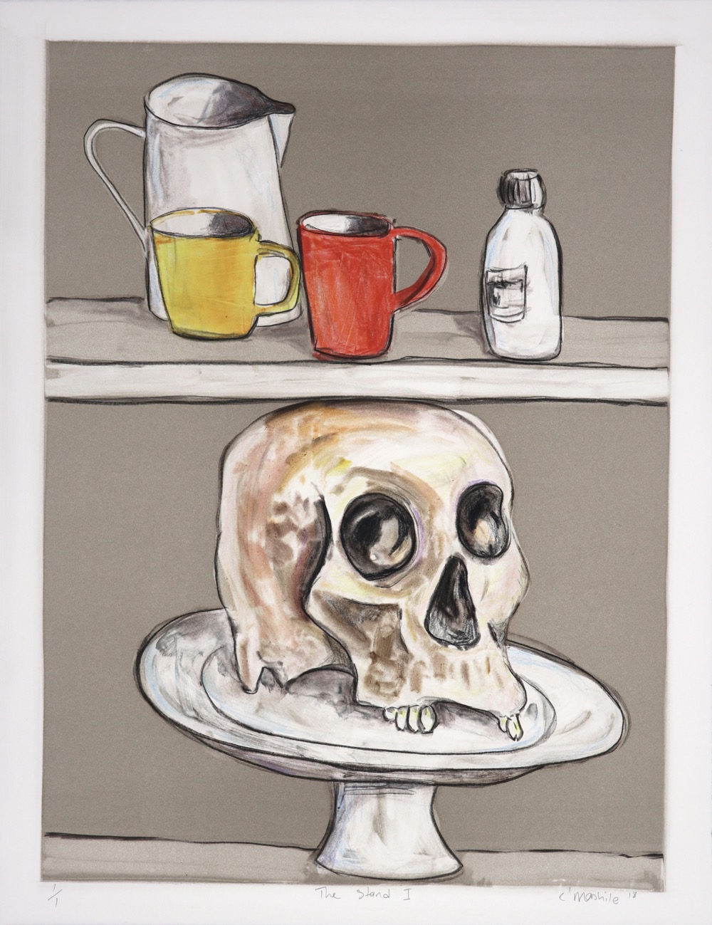 Shelves holding kitchen vessels and human skull on a cake stand.