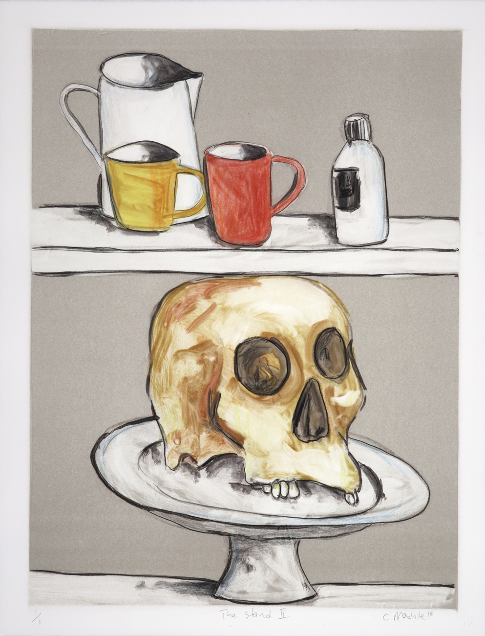 Two kitchen shelves holding cups, jar bottle and on bottom shelf cake stand with human skull