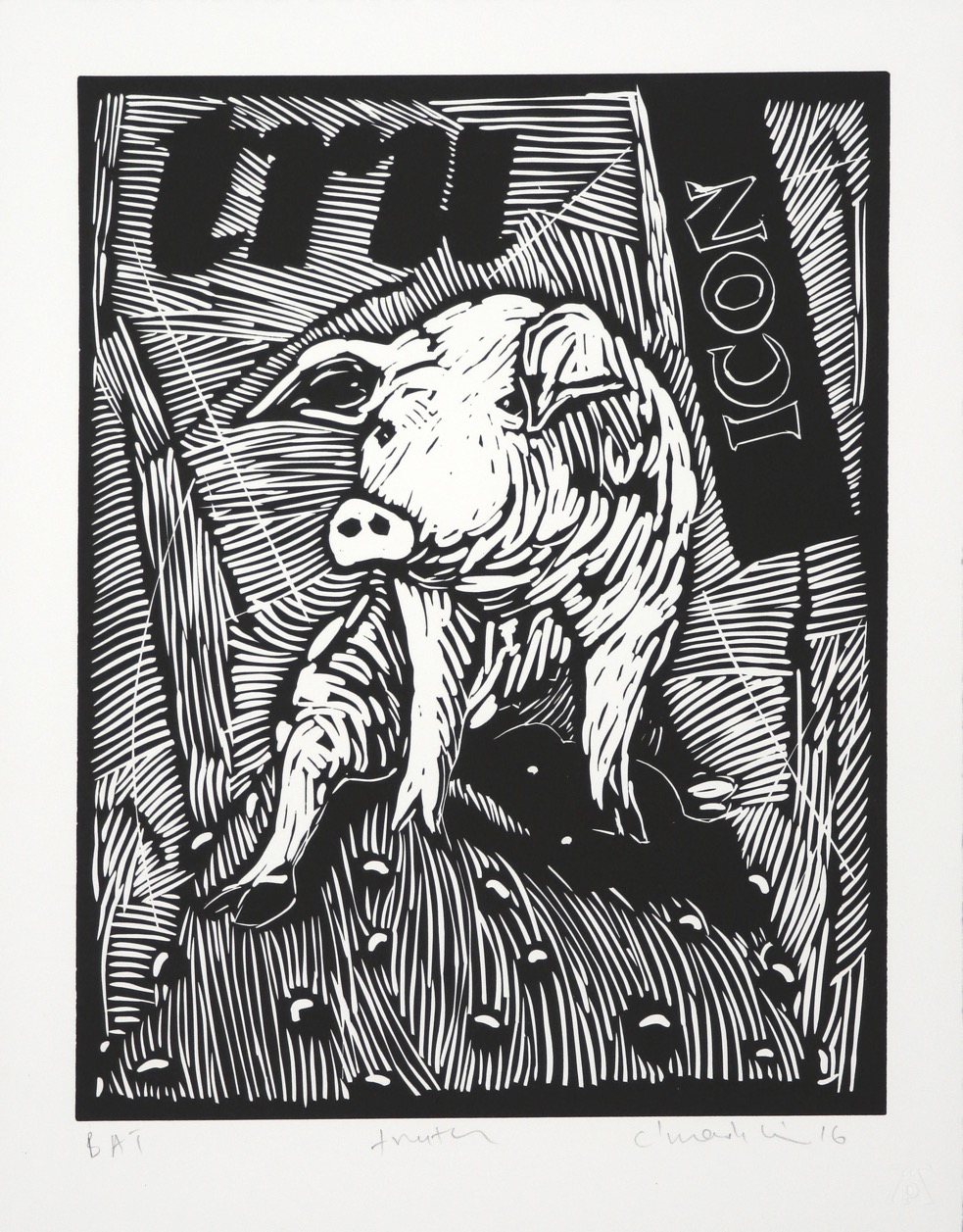 Seated pig facing forward on rounded form with random text in background