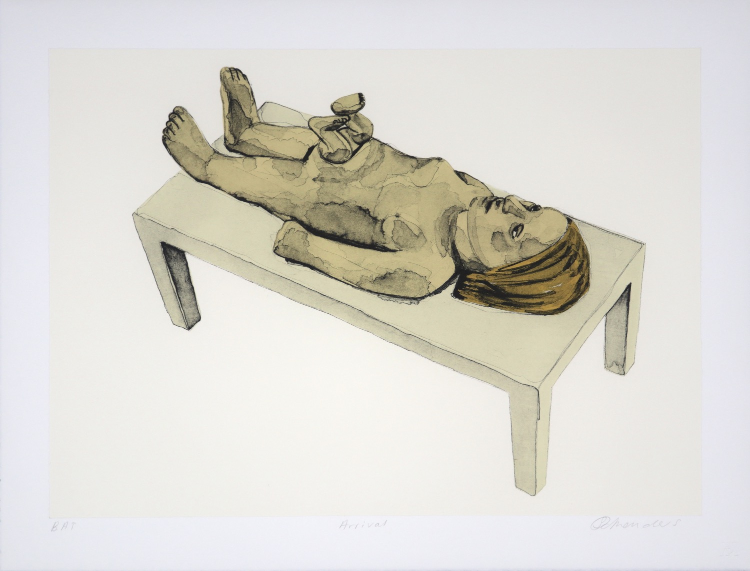 a naked woman lying on a table with a baby emerging feet first from her stomach