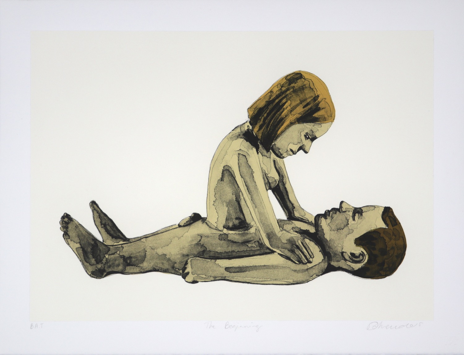 A naked male figure lying prone with a naked female figure's torso emerging from his stomach