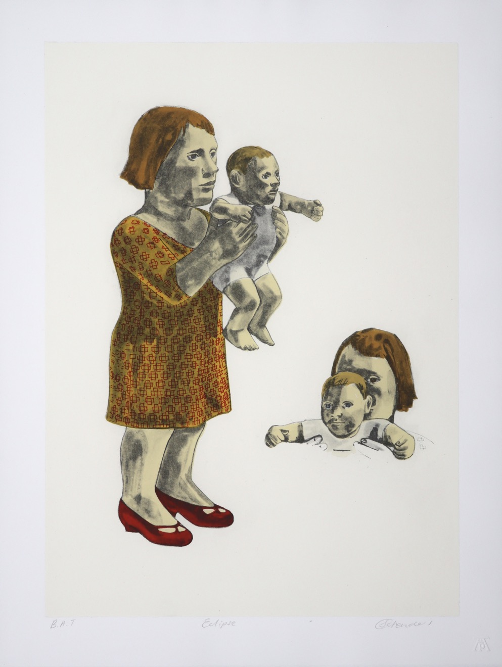 female figure holding child up in front of her with detail of their heads next to her