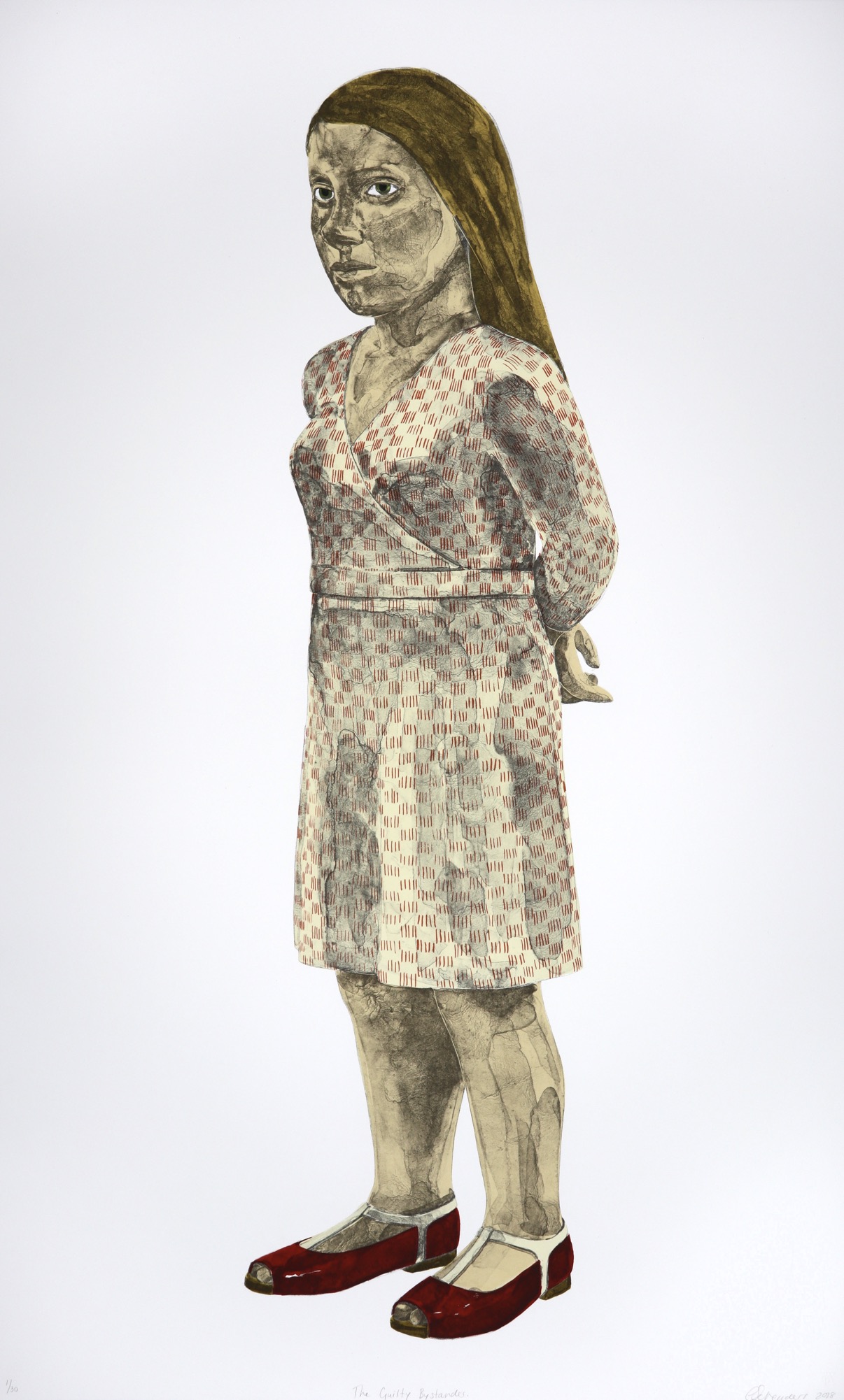 standing woman with her hands clasped behind her back wearing a chequered dress and red shoes