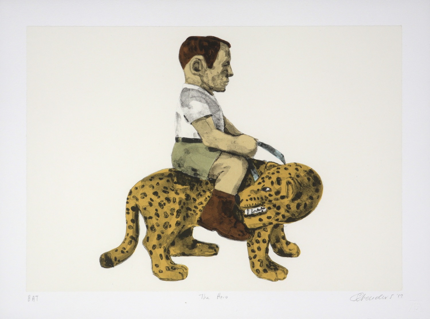 a man wearing khaki shorts and a white shirt riding on the back of a leopard.