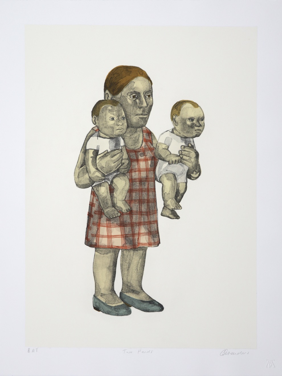 Female figure in red chequered dress holding a baby in each hand