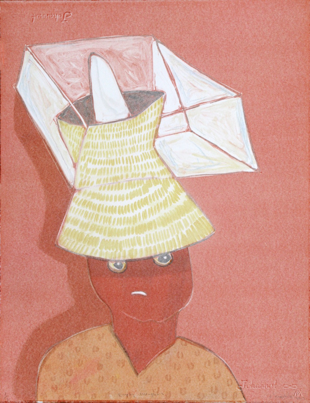 Human head and shoulders with simplified features with hat and box construction on head.