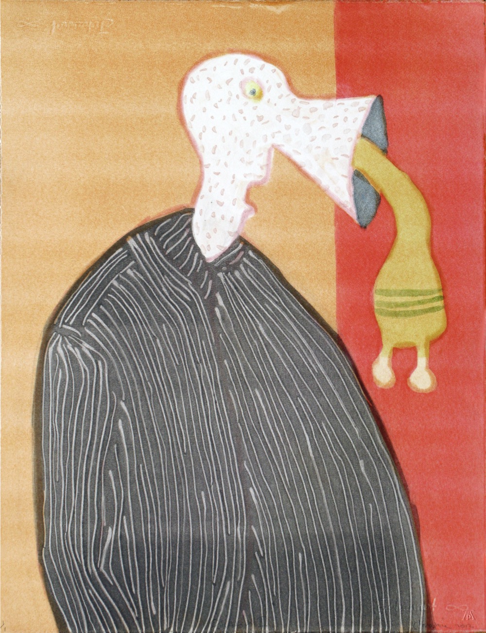 An obese human figure in a striped jacket with funnel head sucking in creature to mouth.