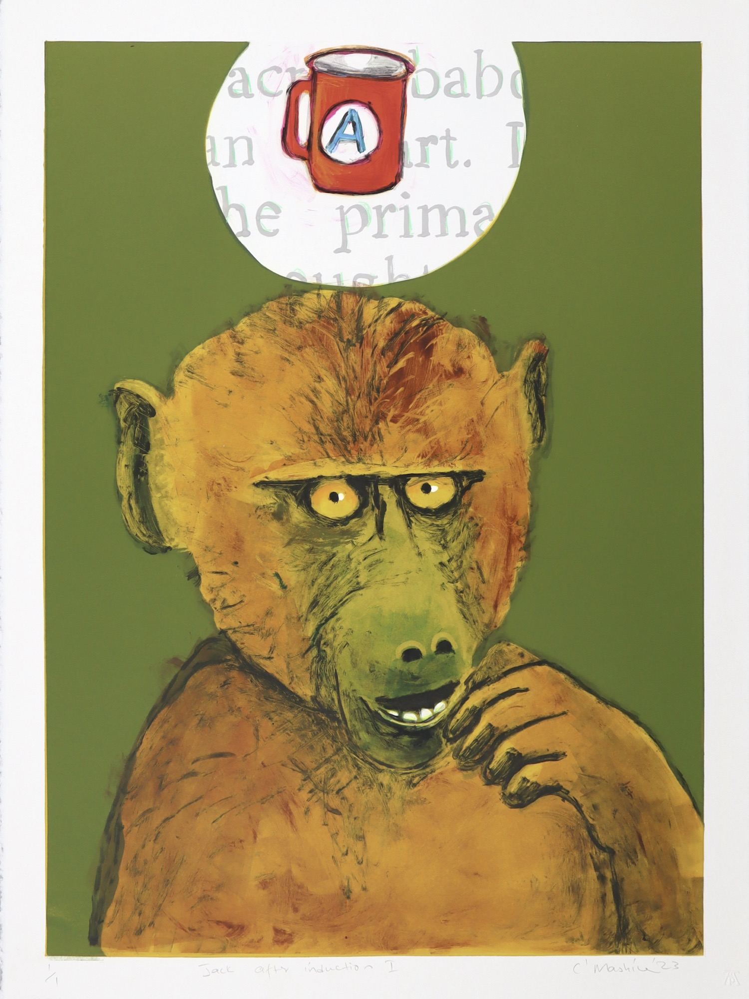 monotype in soft green and browns of young baboon