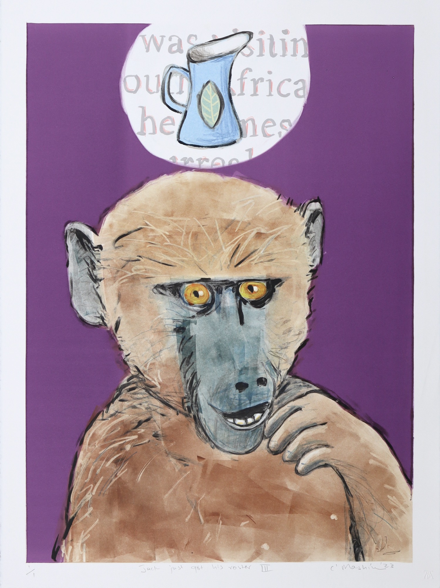 Portrait of a young baboon painted by Colbert Mashile as a monotype 