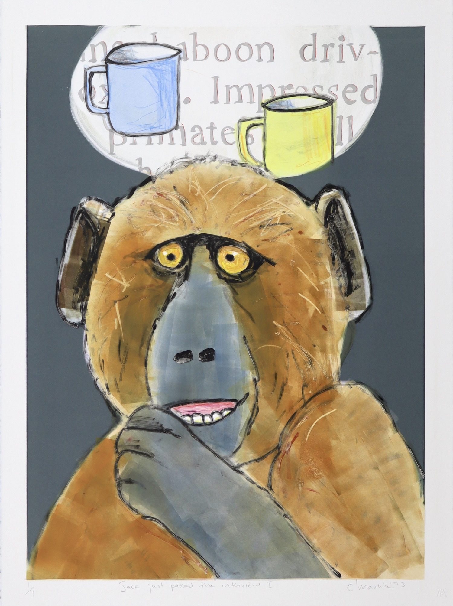 Close up view portrait of baboon looking at viwer with circle and two cups above head. 
