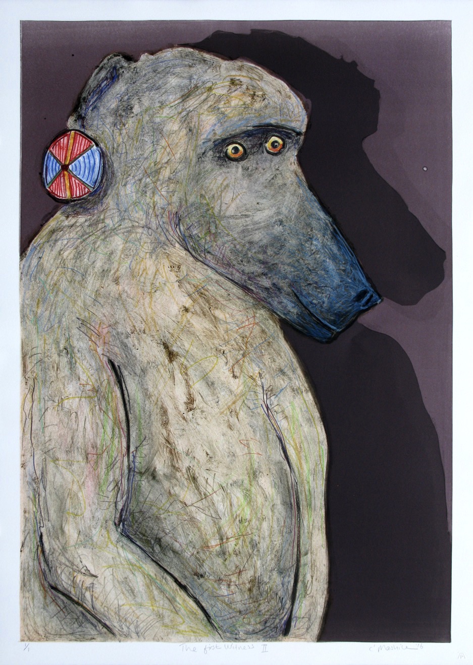 Baboon head and shoulders with shadow. The baboon is wearing a colourful disc earring.