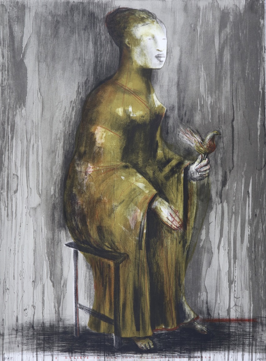 Robed barefooted female figure seated with bird in her left hand.