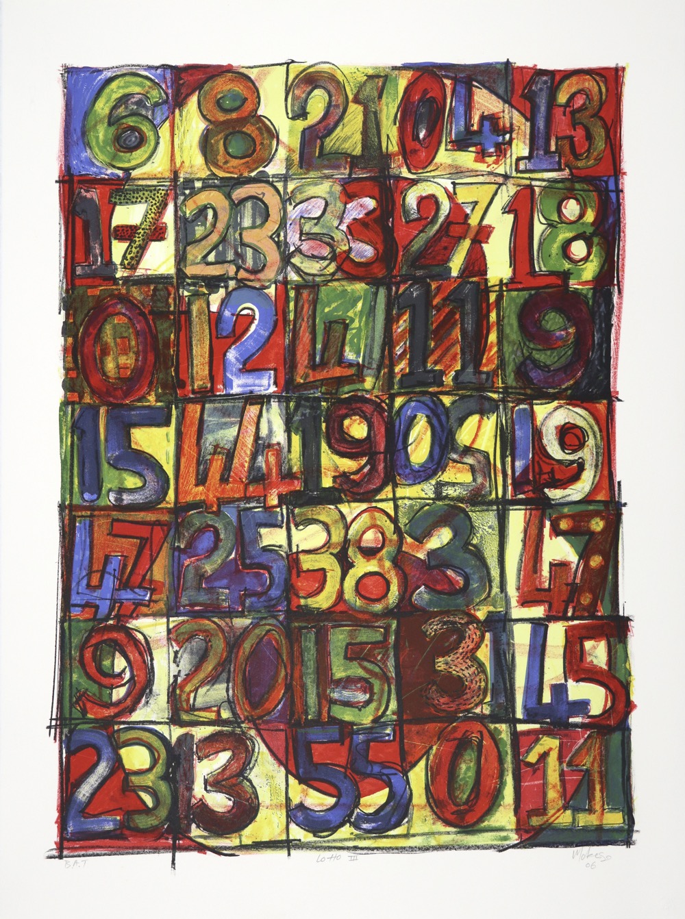 The lithograph is a grid of squares with numbers in strong colours drawn into each square.