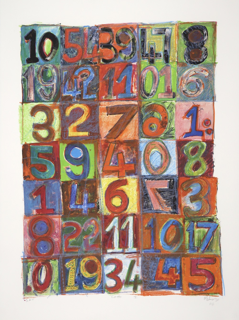 Brightly coloured squares across the whole lithograph with a number in each square.