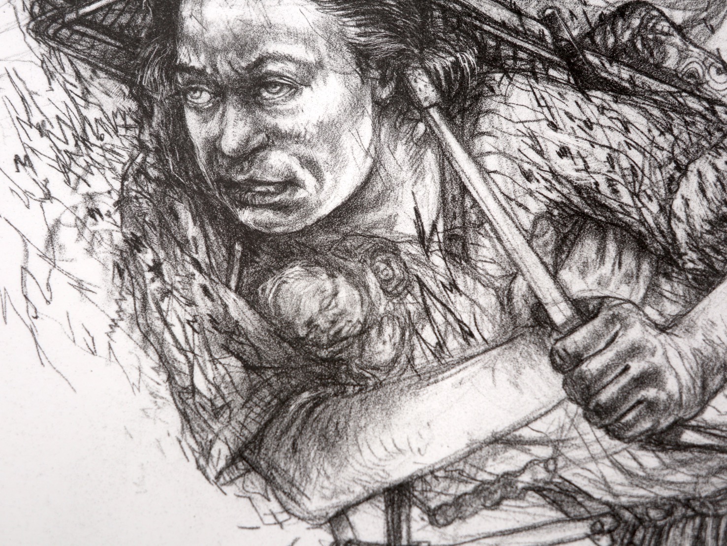 Detail of Surveying the Terrain print showing woman's face with a baby tucked against her chest