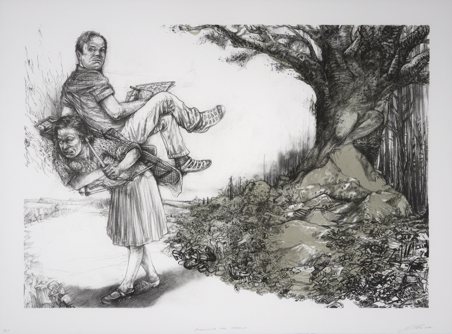 woman carrying a man on her back walking away from tree with decimated landscape beneath it