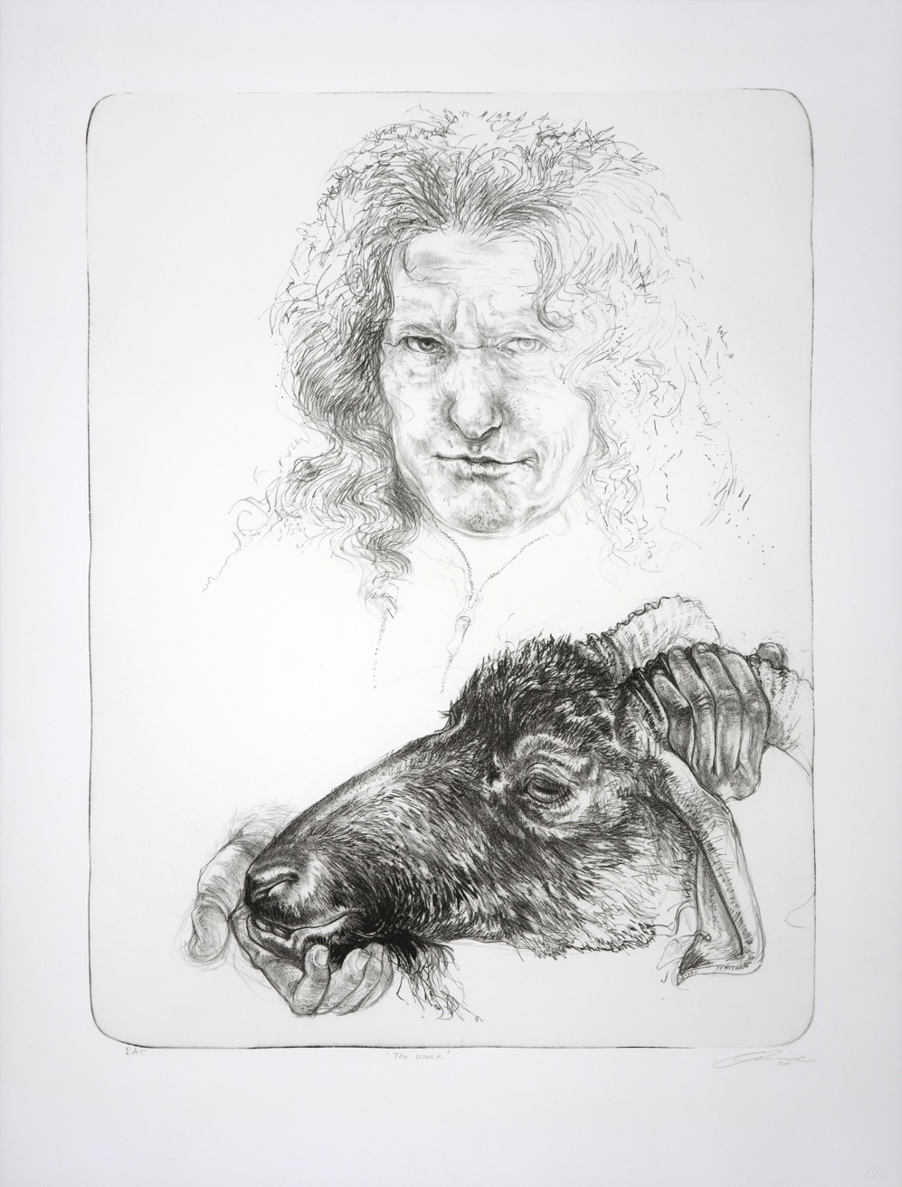 Diane Victor self-portrait of her head and shoulders with goat head in her hands