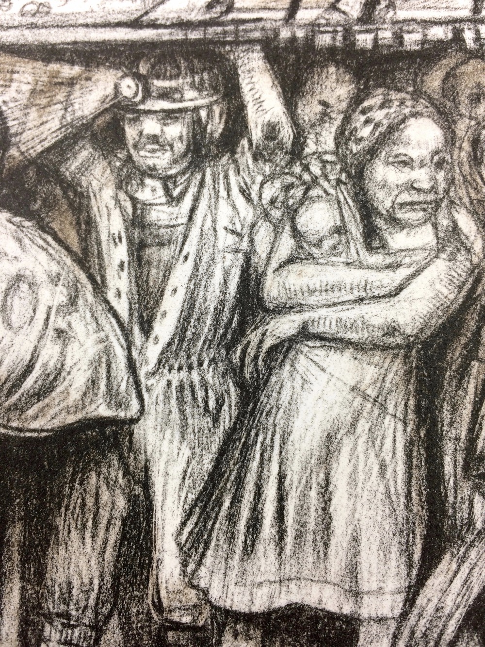 Detail of print showing a miner and a woman holding babies