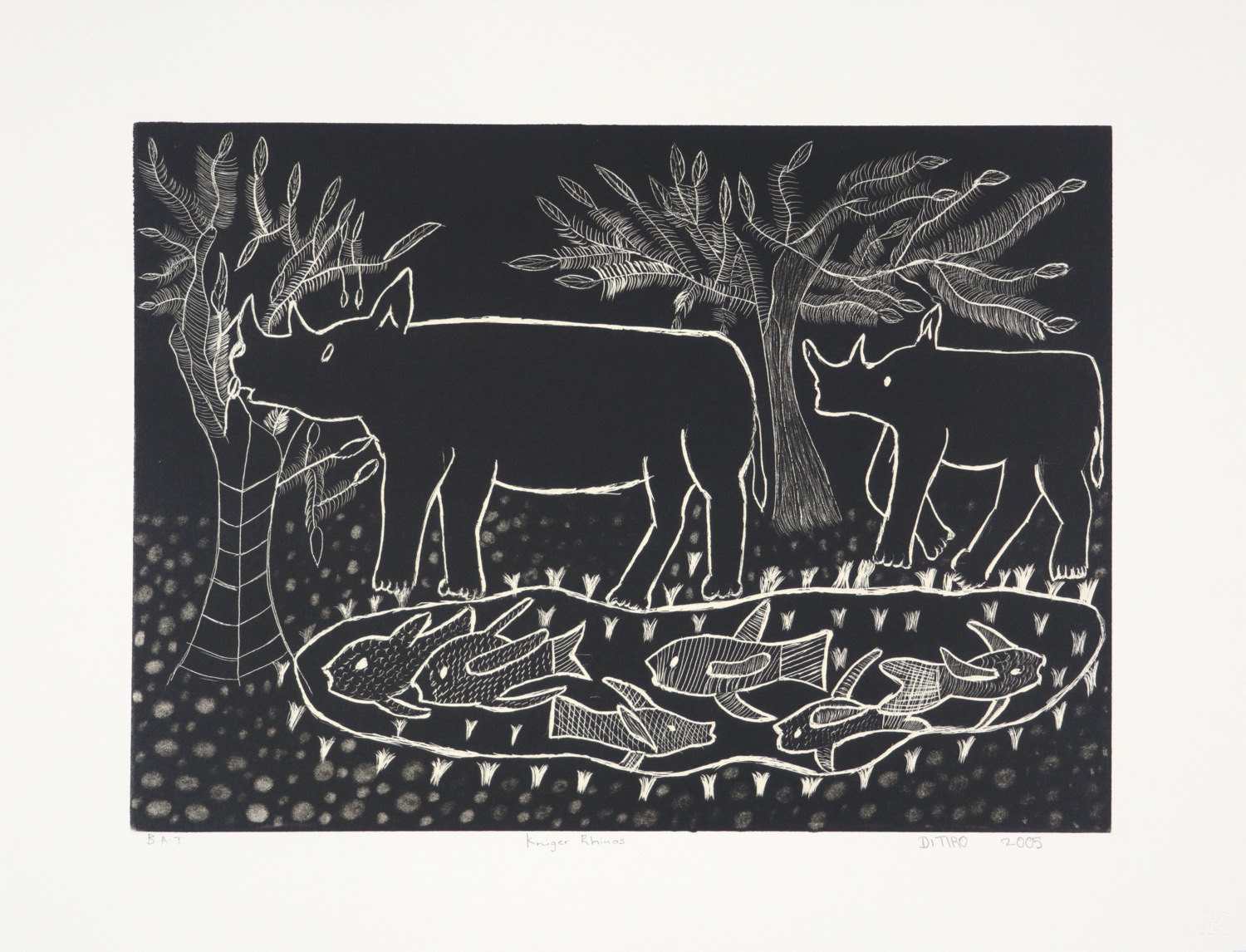 Scratch litho of a rhino cow and calf walking past a pond with fish in it