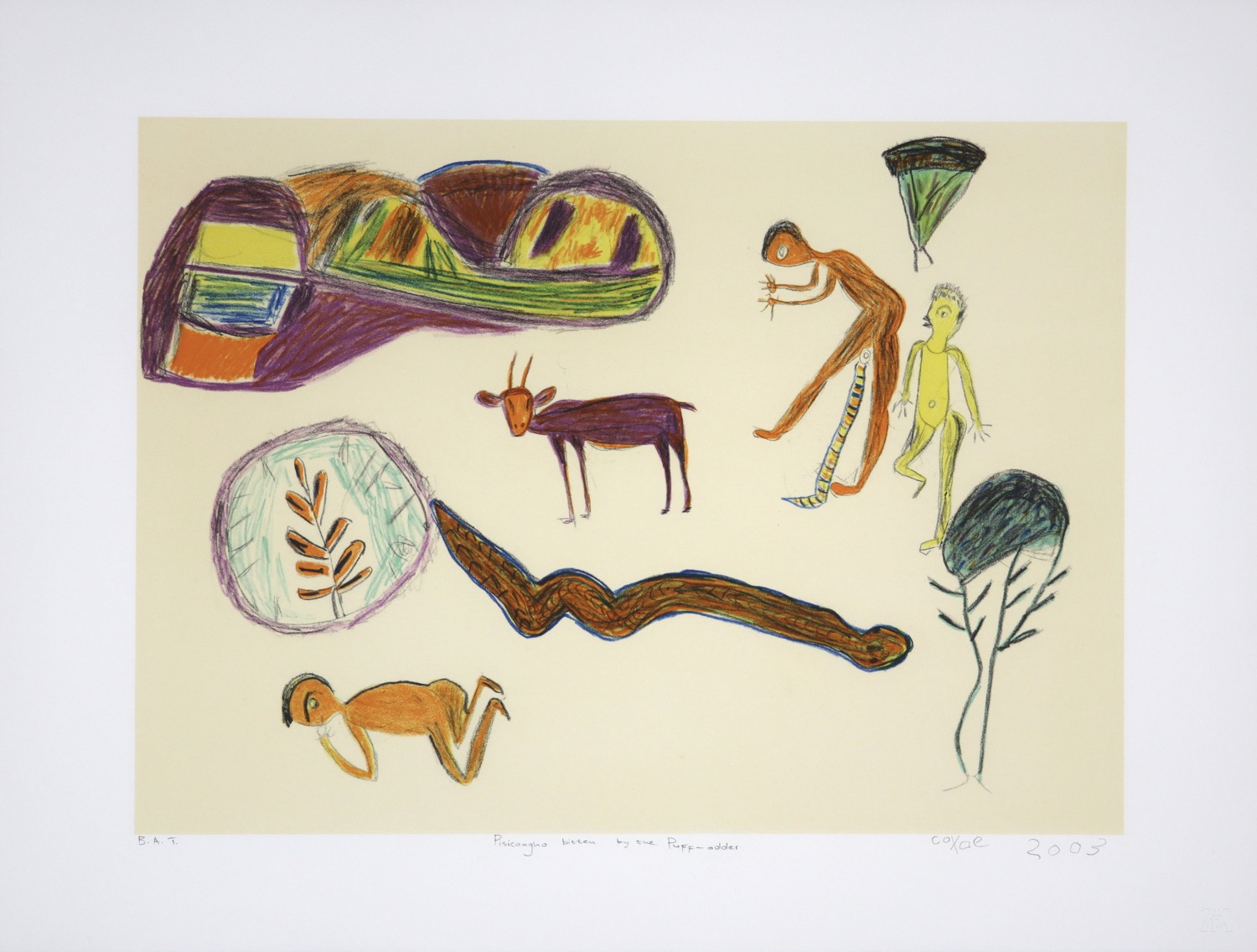 Abstracted landscape depicting a scene from a San folktale with humans, an antelope and snakes