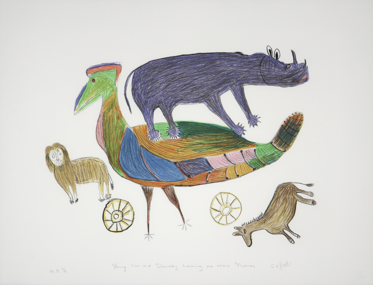 A purple rhino, colourful bird, small lion and donkey and two-wheel forms