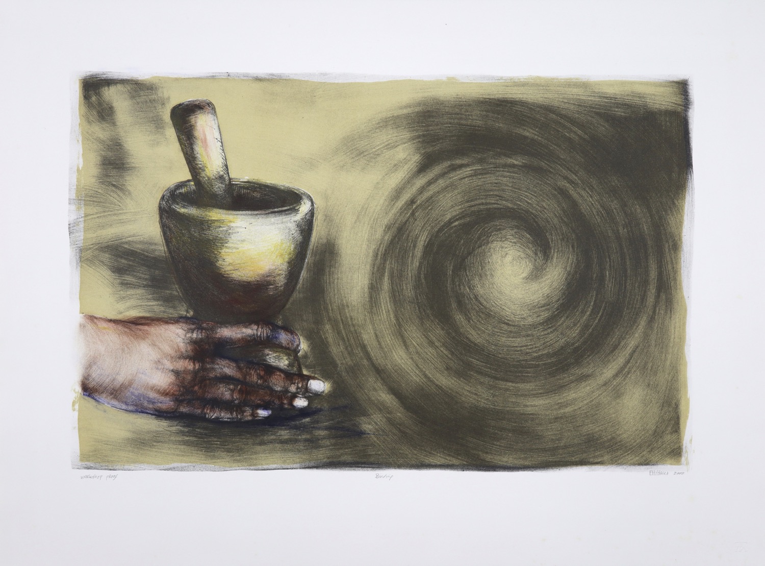 Hand holding a pestle and mortar with spiral form across second half of the lithograph