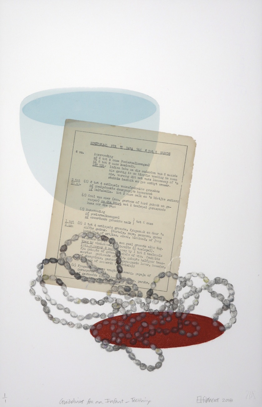 Grey teething bead necklace on red sphere with typed page adhered to monoprint with blue bowl form