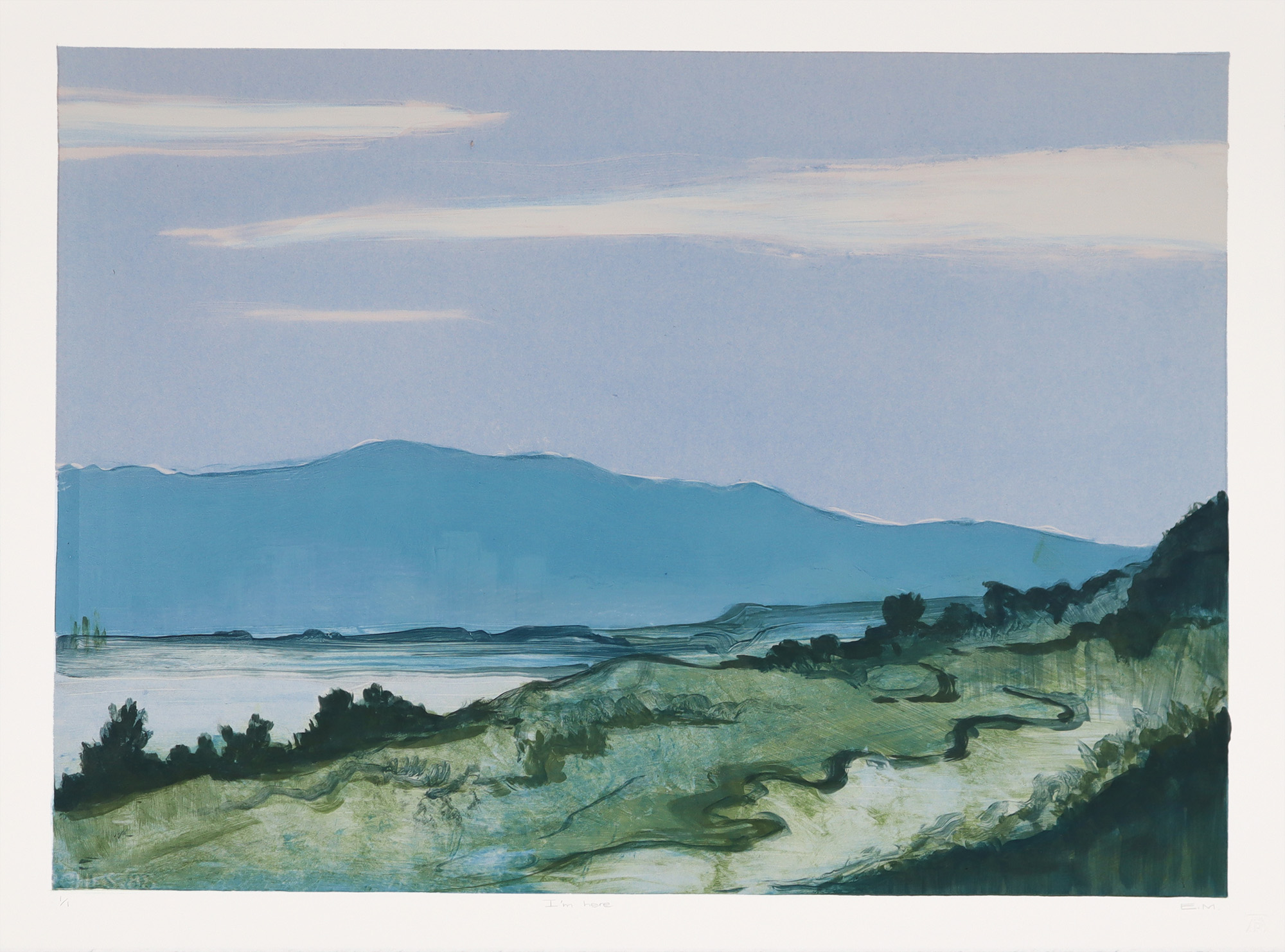 Eugenie Marais I'm Here monotype print landscape south african mountains and water