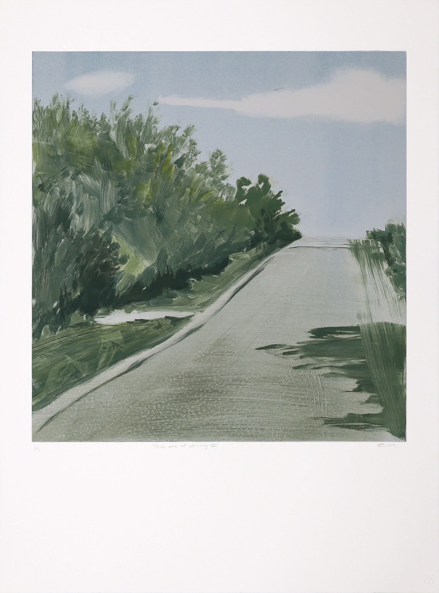 Eugenie Marais The art of driving II lanscape road trip monotype