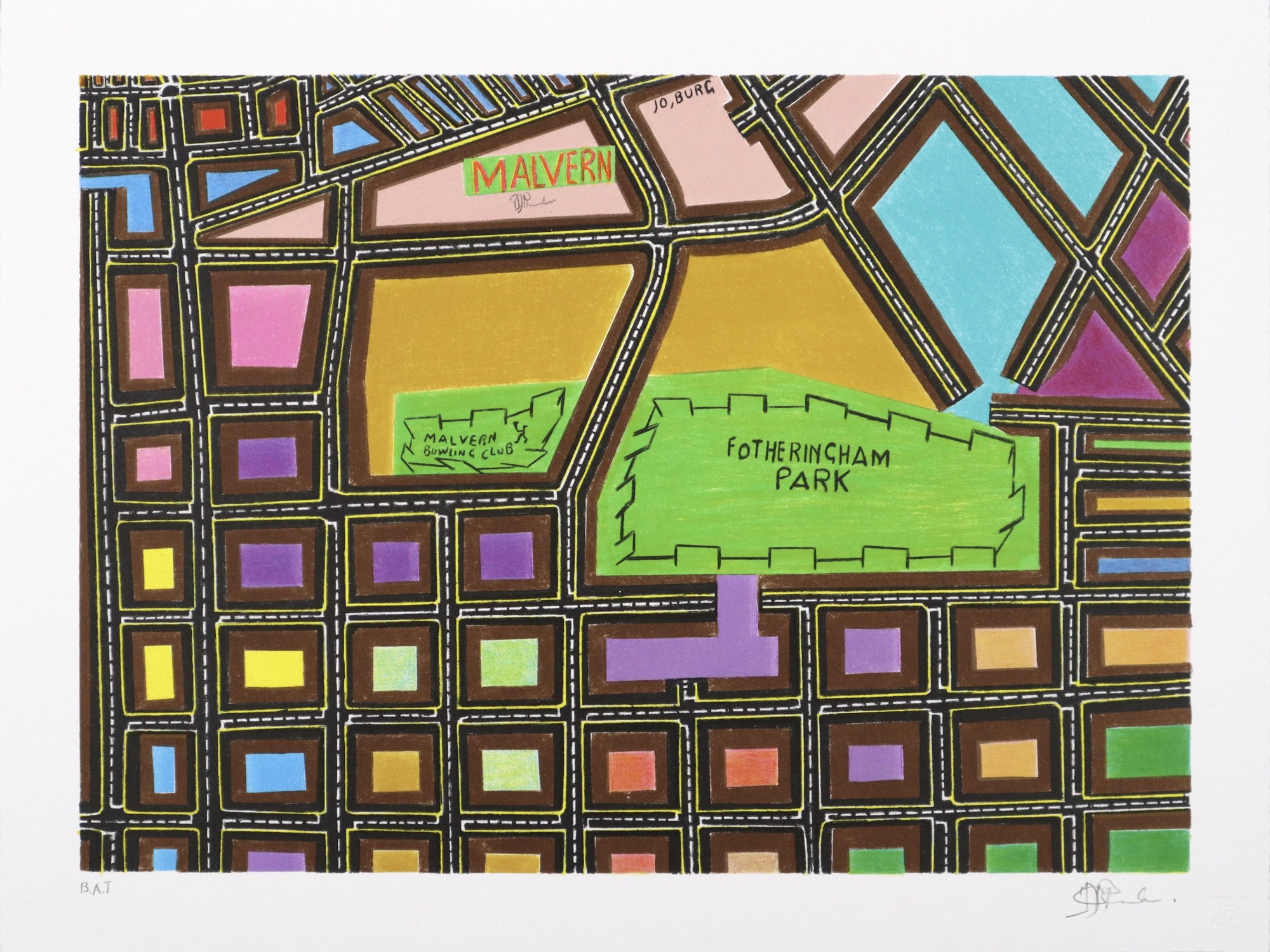 brightly coloured map of a section of Johannesburg by artist John Phalane