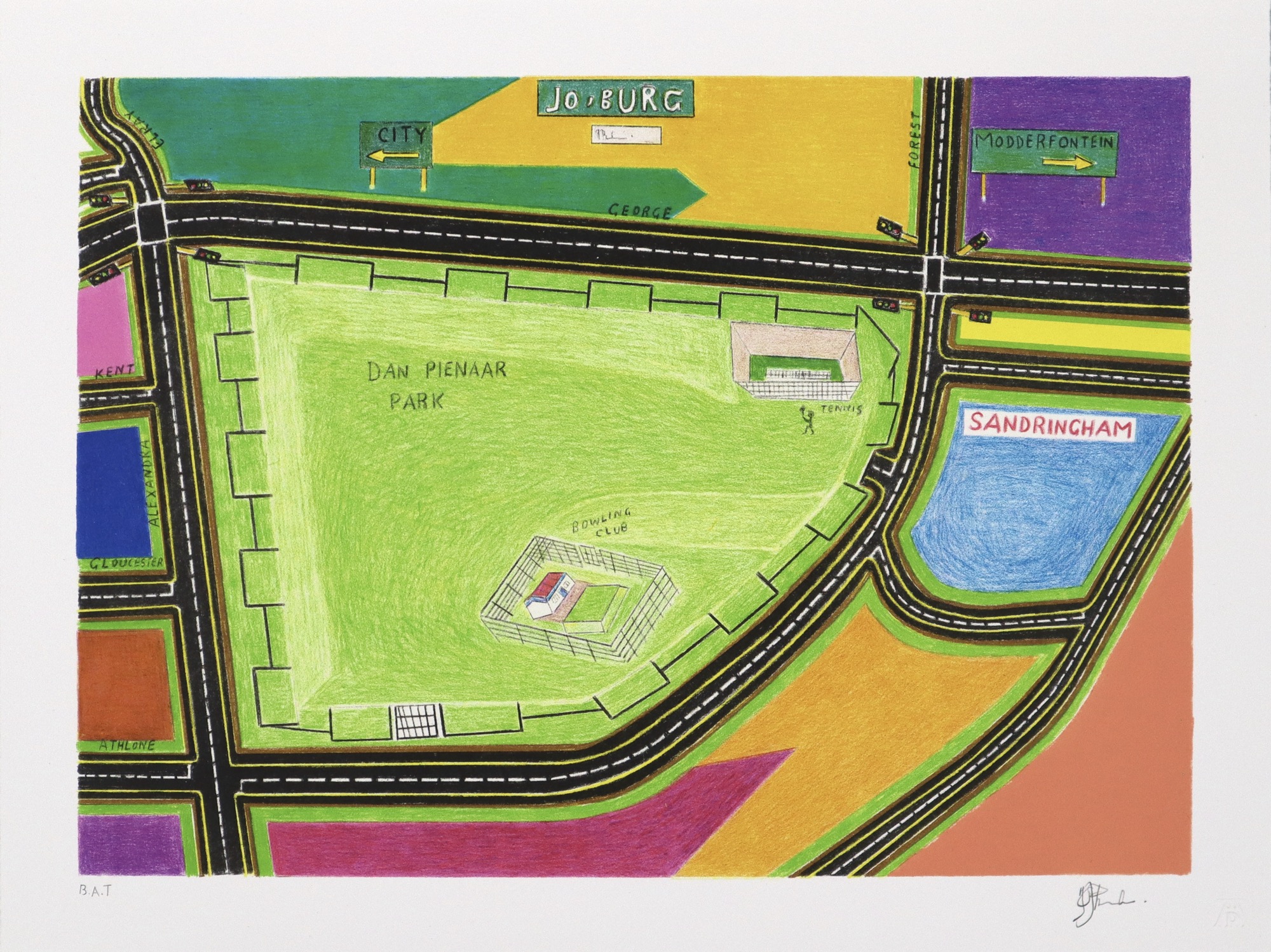 a map of Sandringham Johannesburg in bright colours by John Phalane